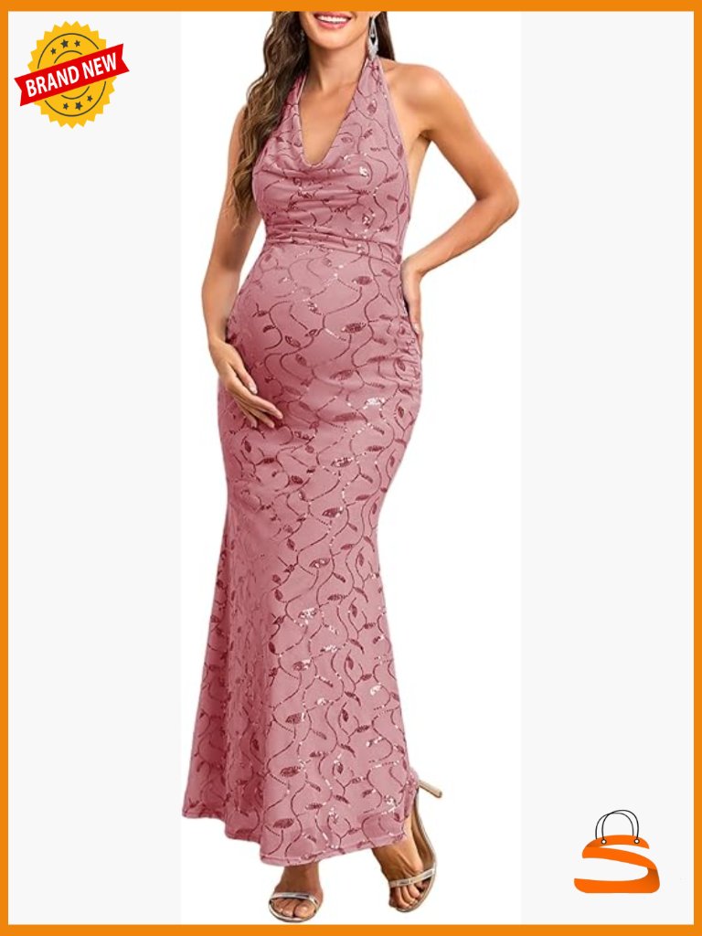 Maternity Sequined Halter Maxi Mermaid Dress For Baby Shower Photoshoot
